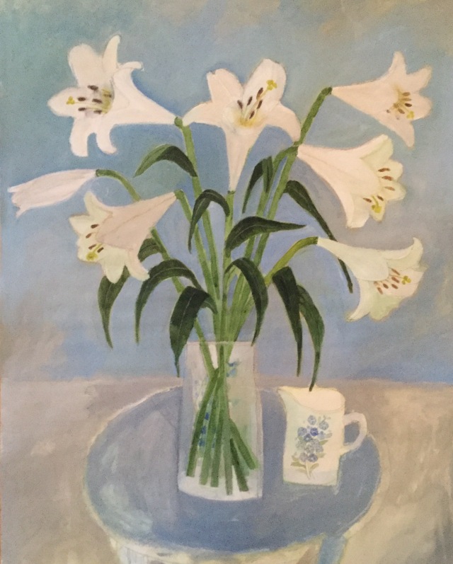 Lillies on a blue table